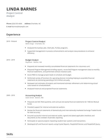 Project Control Analyst Resume