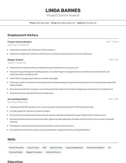 Project Control Analyst Resume