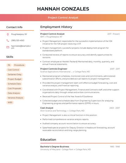 Project Control Analyst Resume