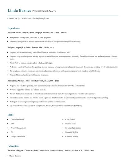 Project Control Analyst Resume
