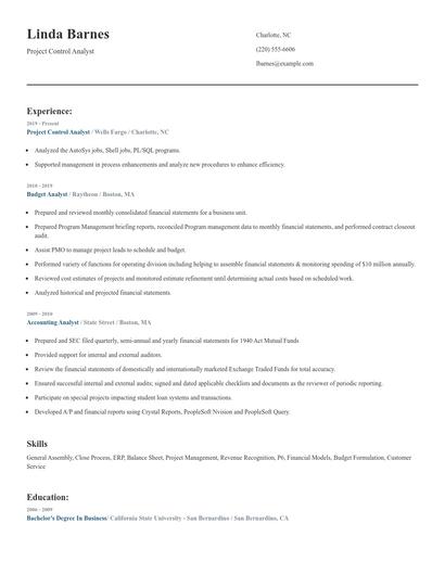 Project Control Analyst Resume