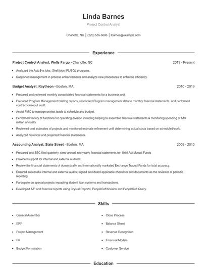 Project Control Analyst Resume