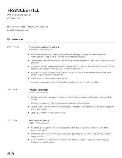 Project Coordinator Consultant Resume