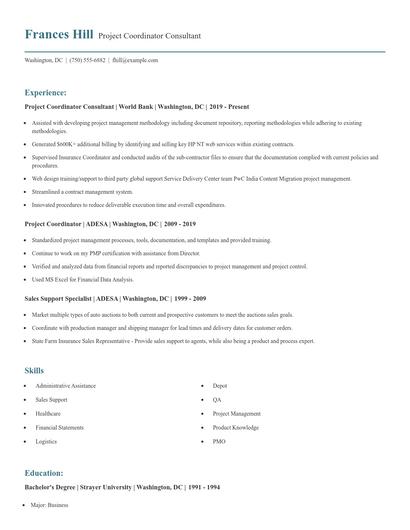 Project Coordinator Consultant Resume