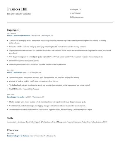 Project Coordinator Consultant Resume