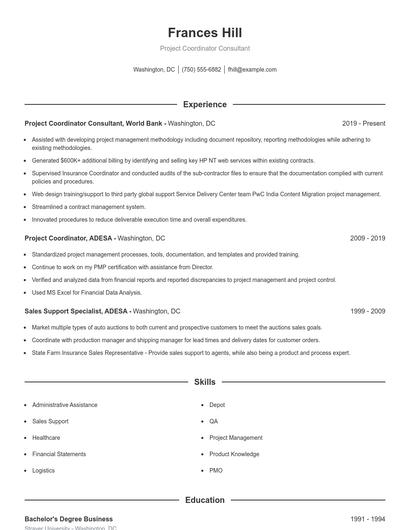 Project Coordinator Consultant Resume