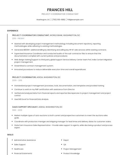 Project Coordinator Consultant Resume