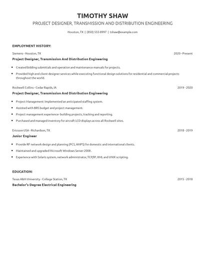 Project Designer, Transmission And Distribution Engineering Resume