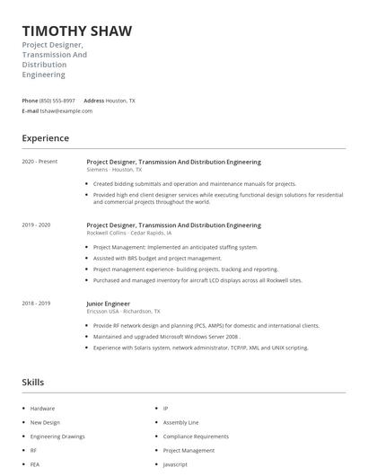 Project Designer, Transmission And Distribution Engineering Resume