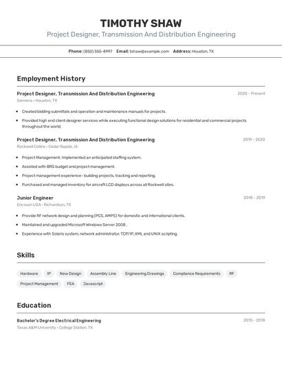 Project Designer, Transmission And Distribution Engineering Resume
