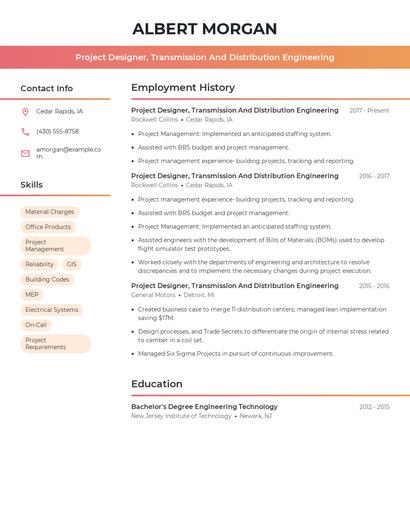 Project Designer, Transmission And Distribution Engineering Resume