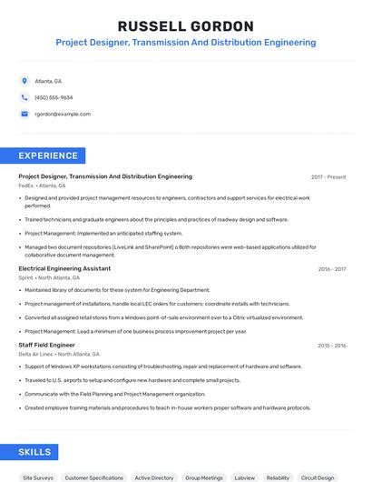Project Designer, Transmission And Distribution Engineering Resume