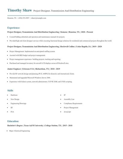 Project Designer, Transmission And Distribution Engineering Resume