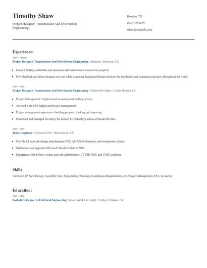 Project Designer, Transmission And Distribution Engineering Resume