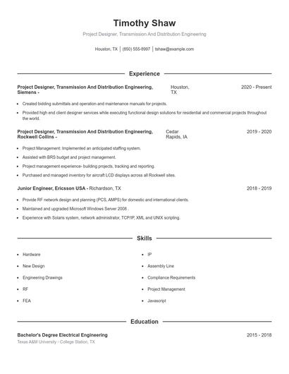 Project Designer, Transmission And Distribution Engineering Resume