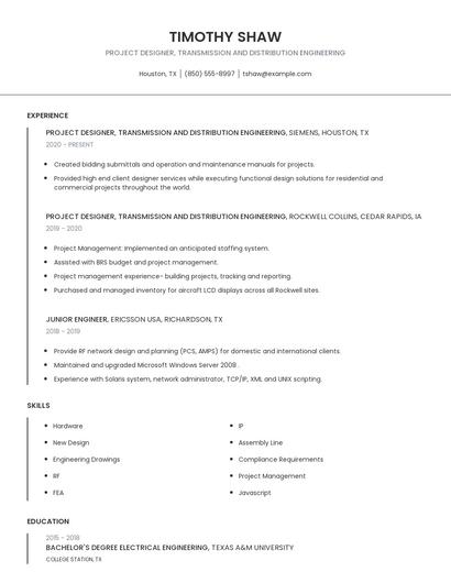 Project Designer, Transmission And Distribution Engineering Resume
