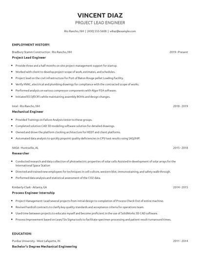 Project Lead Engineer Resume
