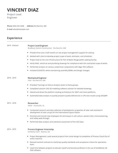 Project Lead Engineer Resume