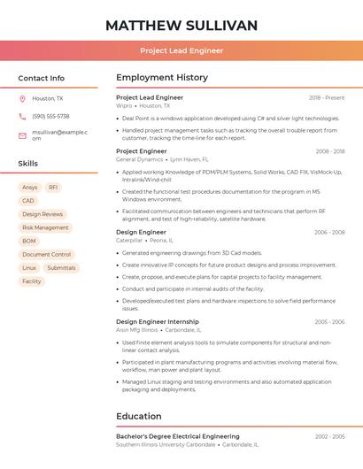 Project Lead Engineer Resume