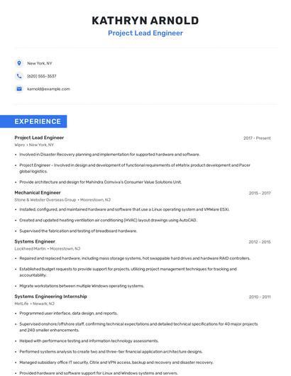 Project Lead Engineer Resume