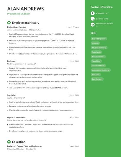 Project Lead Engineer Resume