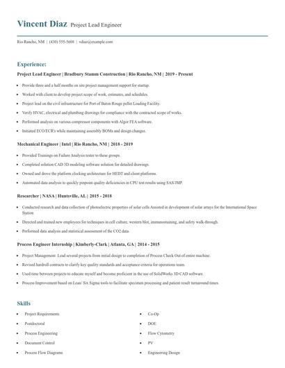 Project Lead Engineer Resume