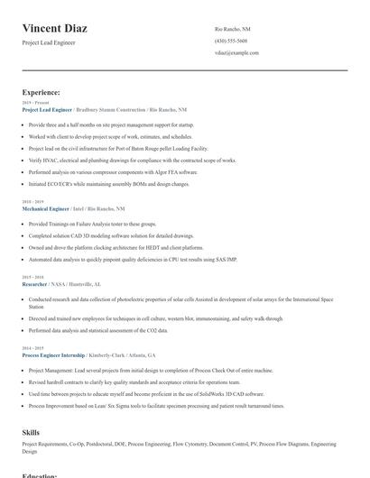 Project Lead Engineer Resume