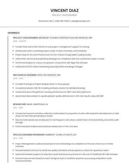 Project Lead Engineer Resume