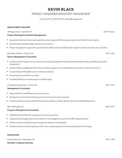 Project Manager/Consultant Management Resume