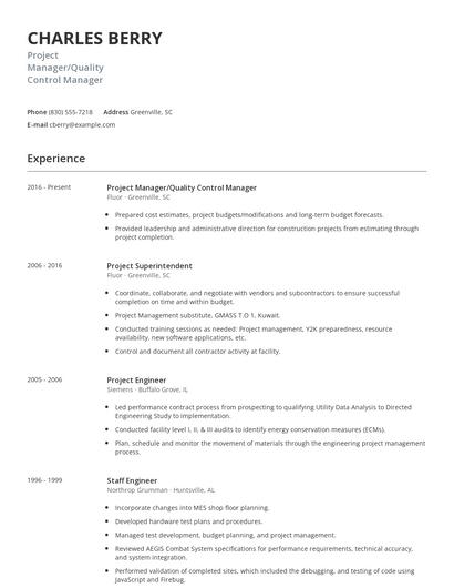 Project Manager/Quality Control Manager Resume