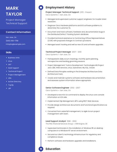 Project Manager Technical Support Resume