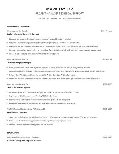Project Manager Technical Support Resume