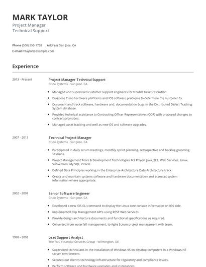Project Manager Technical Support Resume
