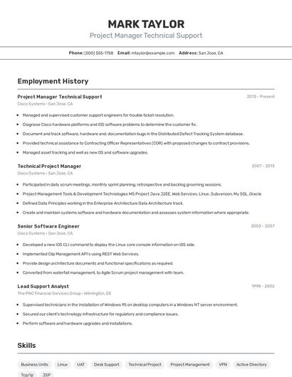 Project Manager Technical Support Resume
