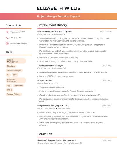 Project Manager Technical Support Resume
