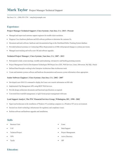 Project Manager Technical Support Resume
