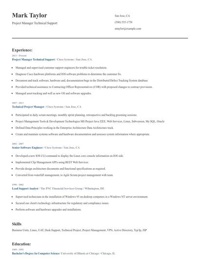 Project Manager Technical Support Resume