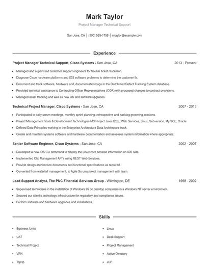 Project Manager Technical Support Resume