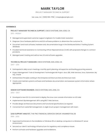 Project Manager Technical Support Resume