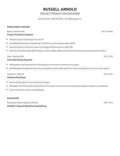 Project Production Engineer Resume