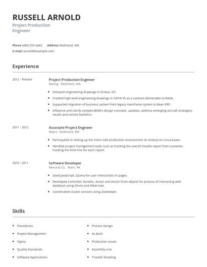 Project Production Engineer Resume