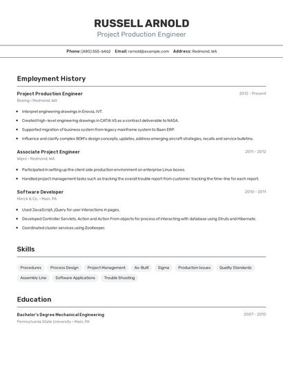 Project Production Engineer Resume