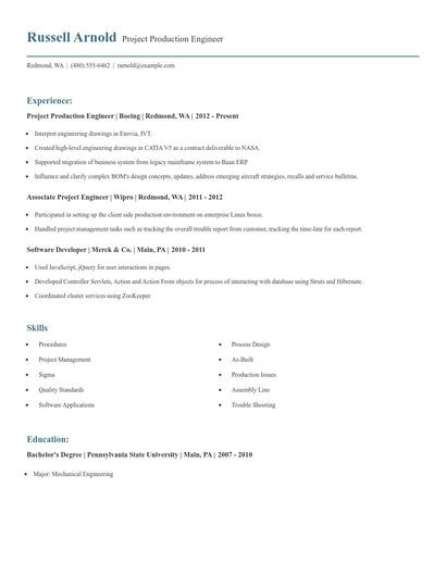Project Production Engineer Resume