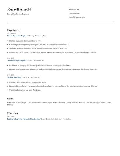 Project Production Engineer Resume