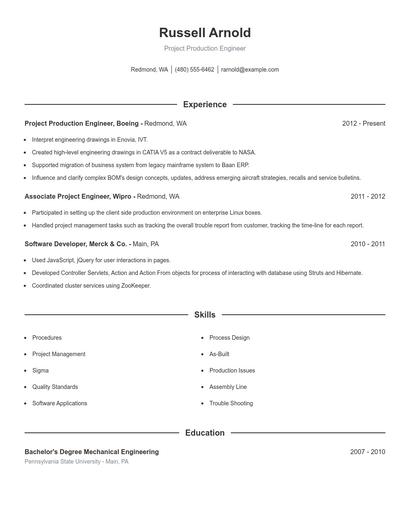 Project Production Engineer Resume