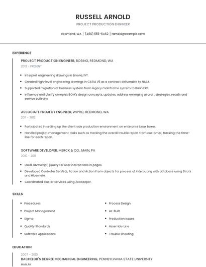 Project Production Engineer Resume