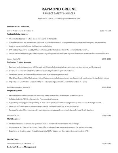 Project Safety Manager Resume