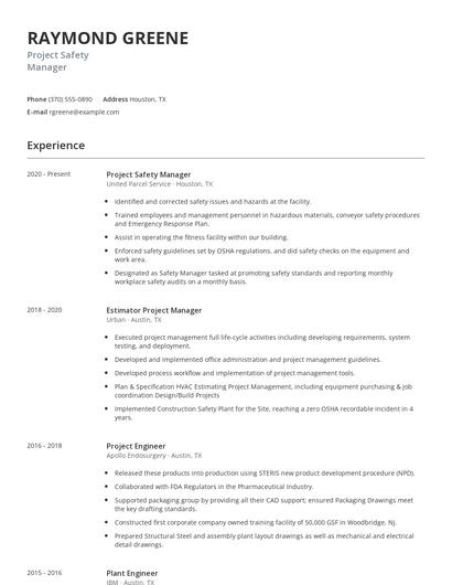 Project Safety Manager Resume