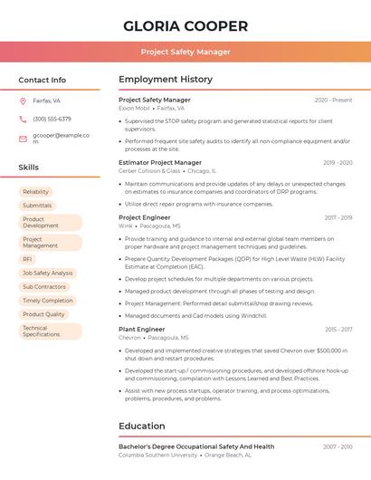 Project Safety Manager Resume