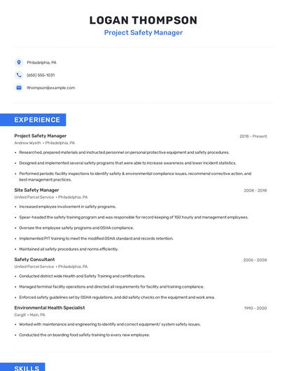 Project Safety Manager Resume